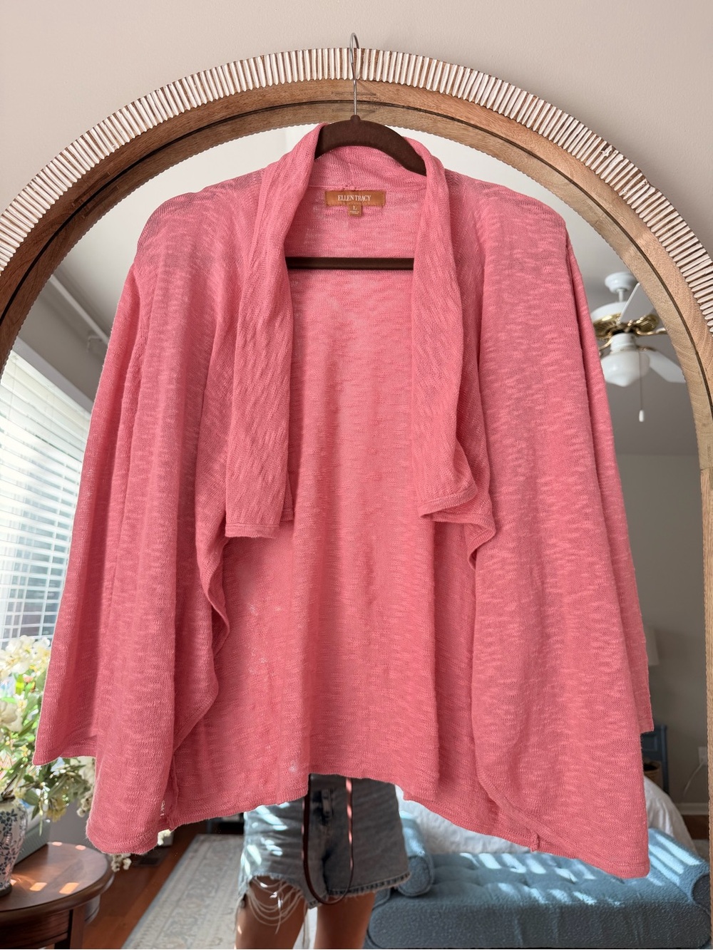 Ellen Tracy Women’s L Pink Cotton Linen Waterfall Open Front Cardigan Vacation